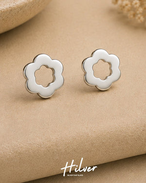 Silver Scalloped Flower Stud Earrings, view 1