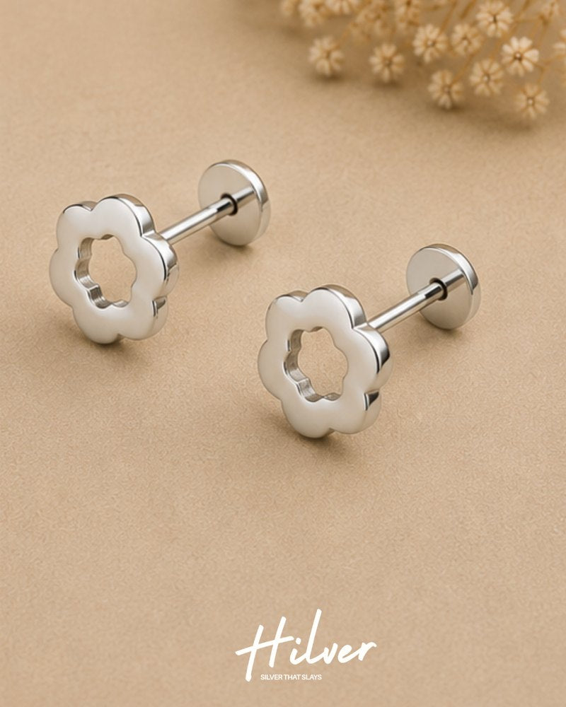 Silver Scalloped Flower Stud Earrings, view 2