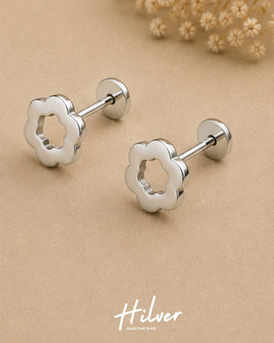 Silver Scalloped Flower Stud Earrings, view 2