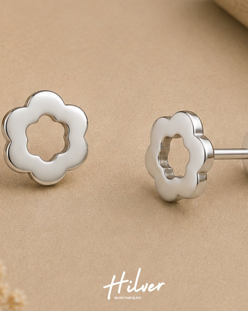 Silver Scalloped Flower Stud Earrings, view 3