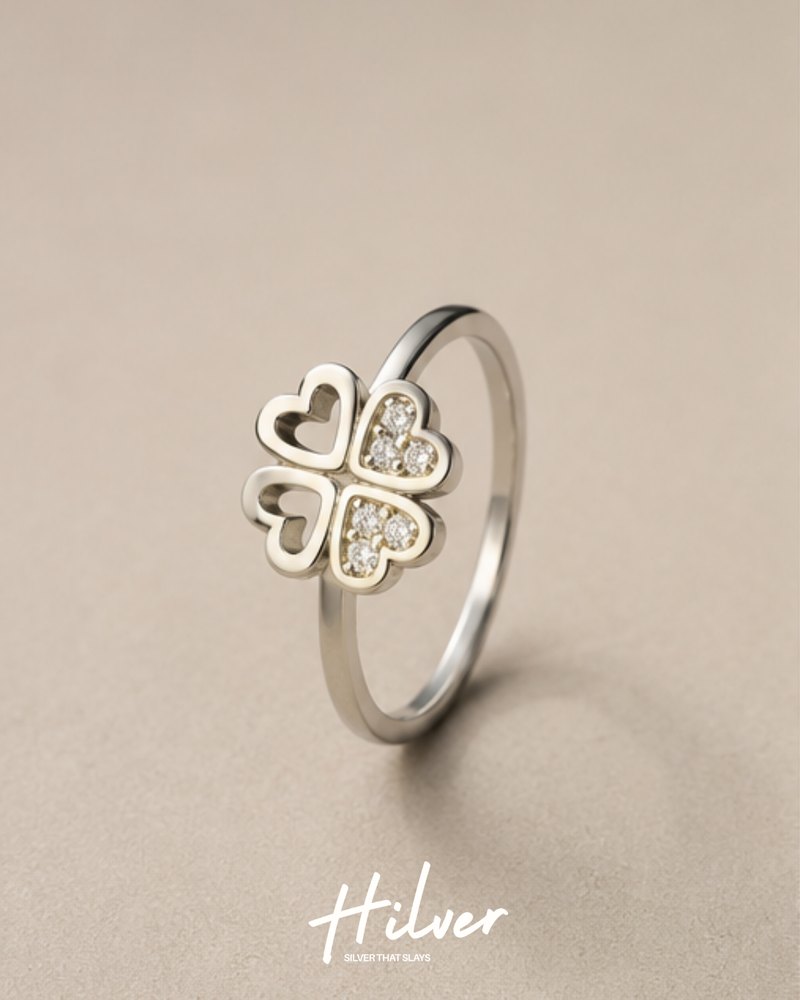 Silver CZ Pave Four-Leaf Clover Ring, view 1