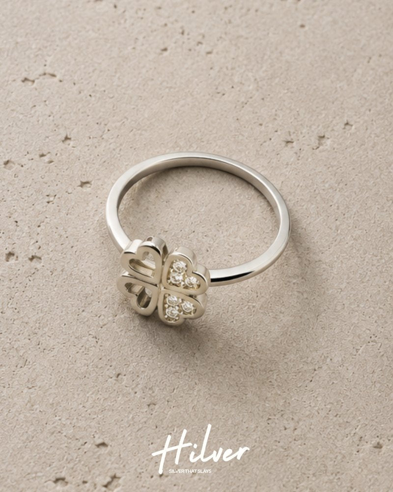 Silver CZ Pave Four-Leaf Clover Ring, view 2