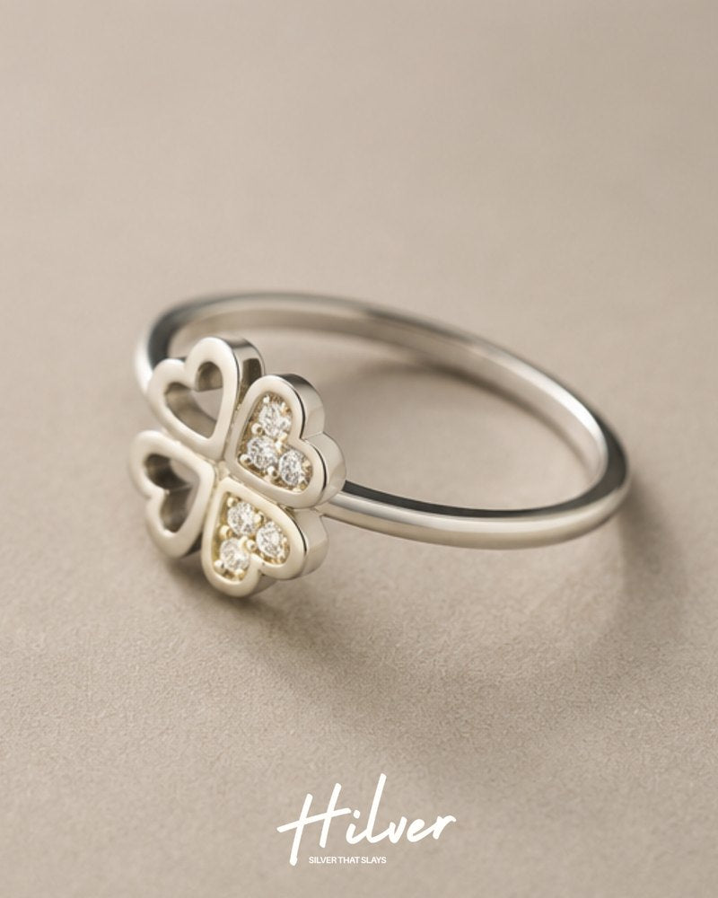 Silver CZ Pave Four-Leaf Clover Ring, view 3