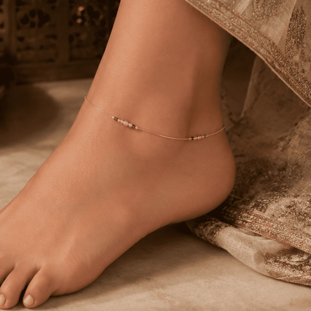 Hilver Rose Gold Textured Bead and Black Crystal Anklet, view 3