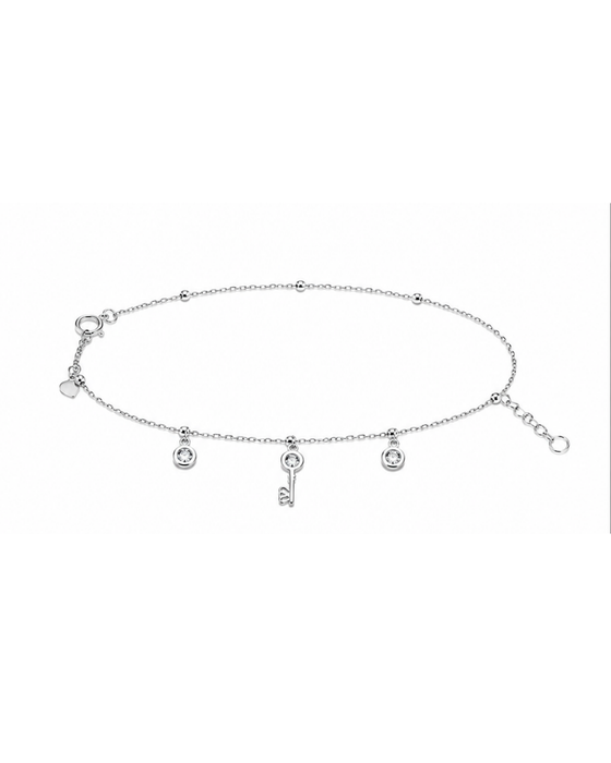 Hilver Sterling Silver Solitaire CZ and Key Charm Bracelet