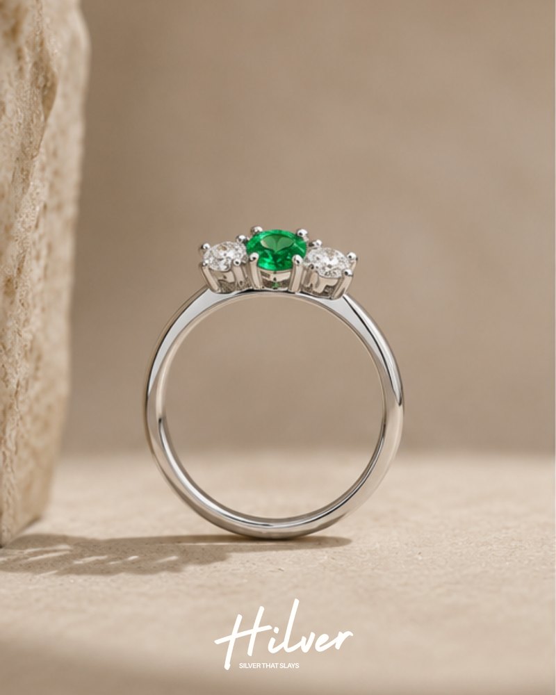 Silver Emerald Green Stone Three-Stone Accent Ring, view 1