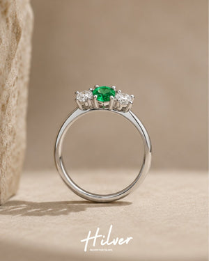 Silver Emerald Green Stone Three-Stone Accent Ring, view 1