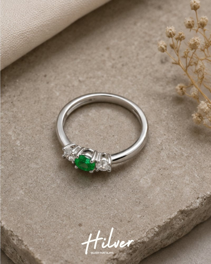 Silver Emerald Green Stone Three-Stone Accent Ring, view 2