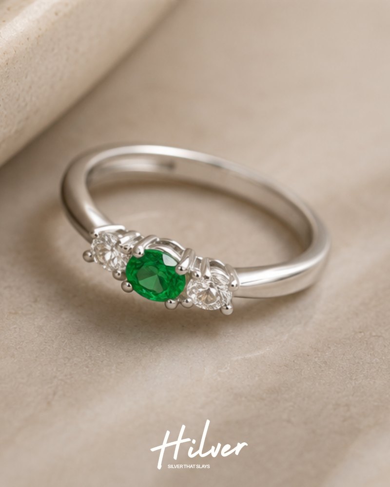 Silver Emerald Green Stone Three-Stone Accent Ring, view 3