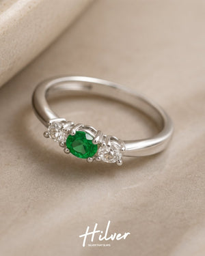Silver Emerald Green Stone Three-Stone Accent Ring, view 3