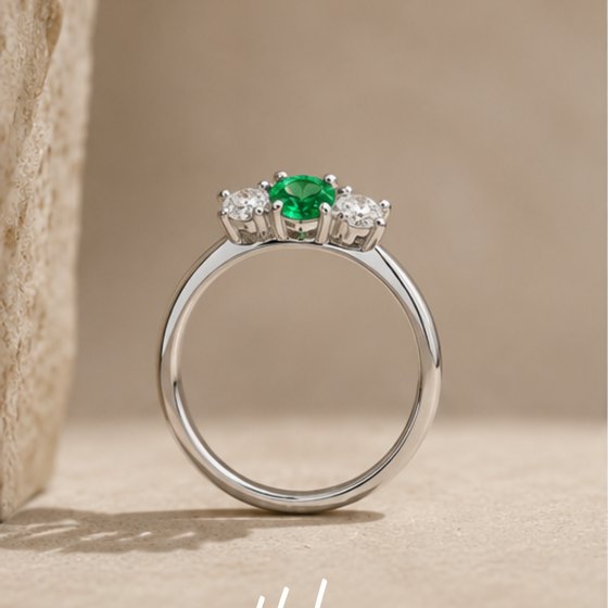 Silver Emerald Green Stone Three-Stone Accent Ring