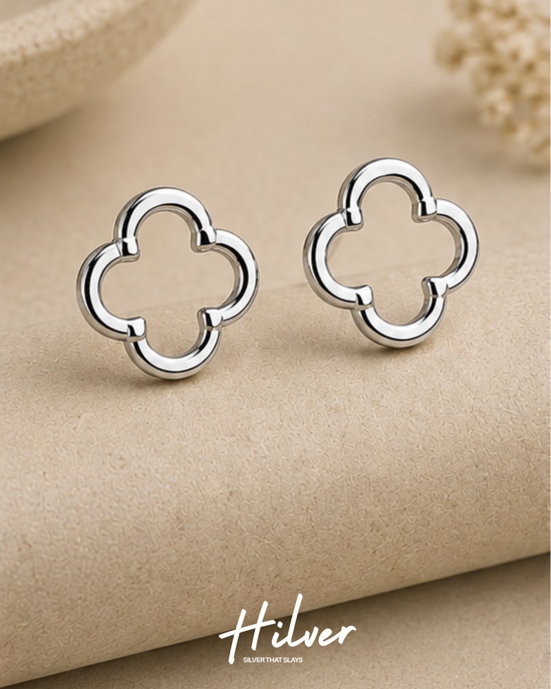 Silver Four-Leaf Clover Cutout Stud Earrings, view 1