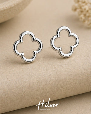 Silver Four-Leaf Clover Cutout Stud Earrings, view 1