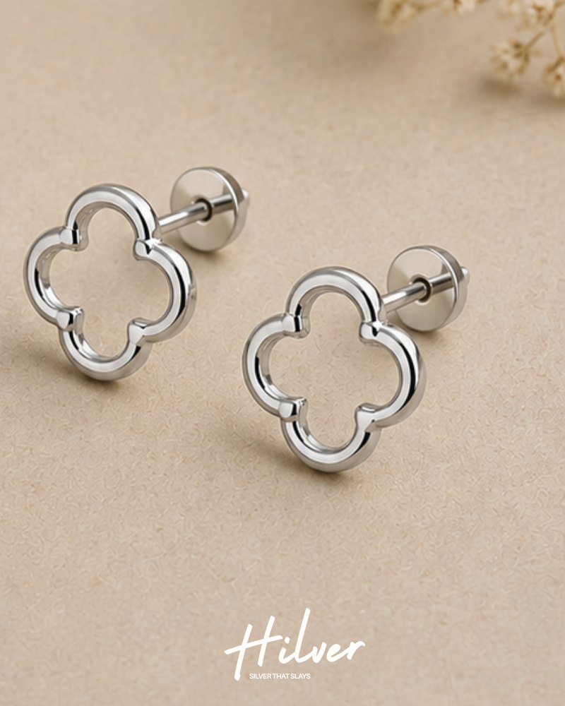 Silver Four-Leaf Clover Cutout Stud Earrings, view 2