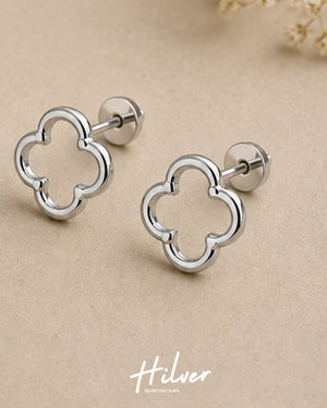 Silver Four-Leaf Clover Cutout Stud Earrings, view 2