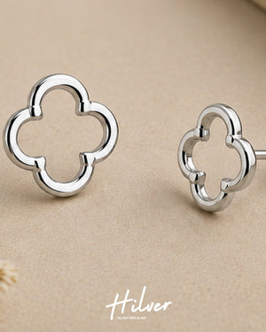 Silver Four-Leaf Clover Cutout Stud Earrings, view 3