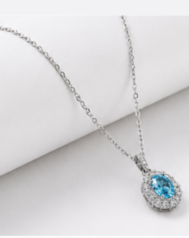 Hilver Sterling Silver Aqua Blue Gemstone Halo Pendant Necklace, view 2