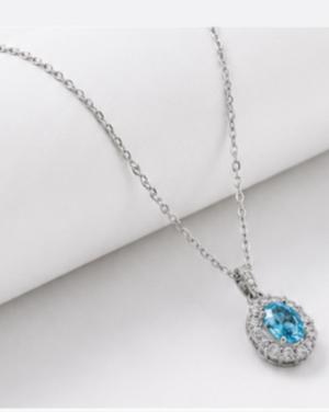 Hilver Sterling Silver Aqua Blue Gemstone Halo Pendant Necklace, view 2