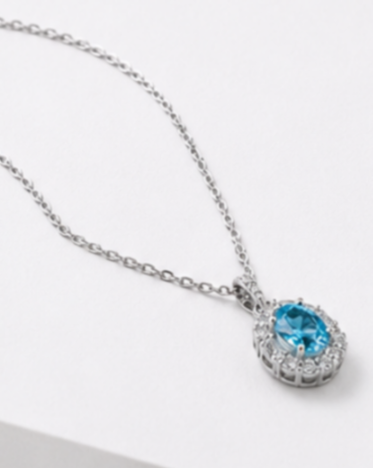 Hilver Sterling Silver Aqua Blue Gemstone Halo Pendant Necklace, view 3