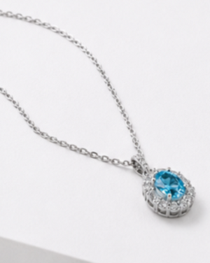 Hilver Sterling Silver Aqua Blue Gemstone Halo Pendant Necklace, view 3