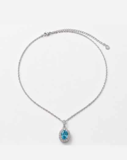 Hilver Sterling Silver Aqua Blue Gemstone Halo Pendant Necklace
