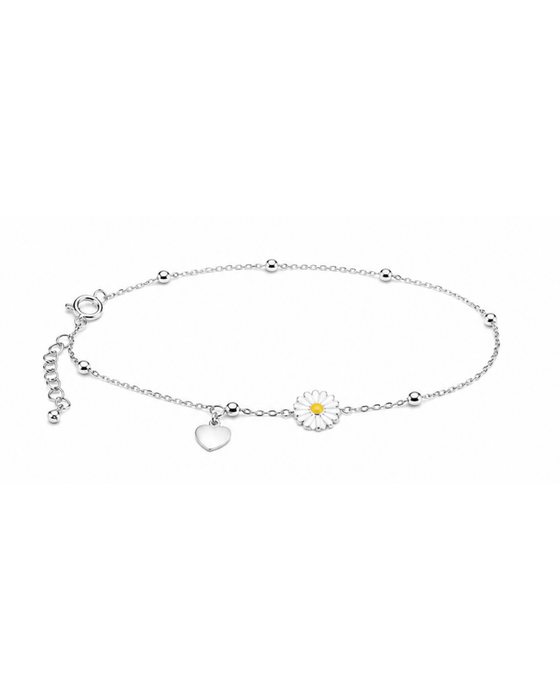 Hilver Sterling Silver Pink Daisy Flower and Heart Charm Bracelet