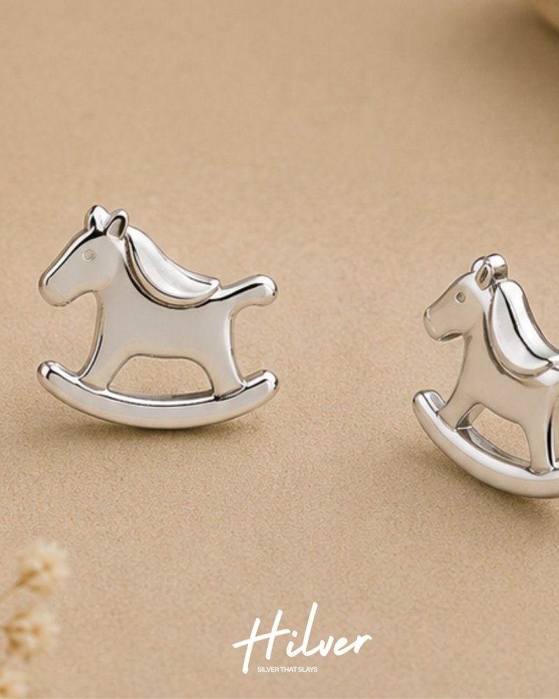 Silver Rocking Horse Stud Earrings, view 3