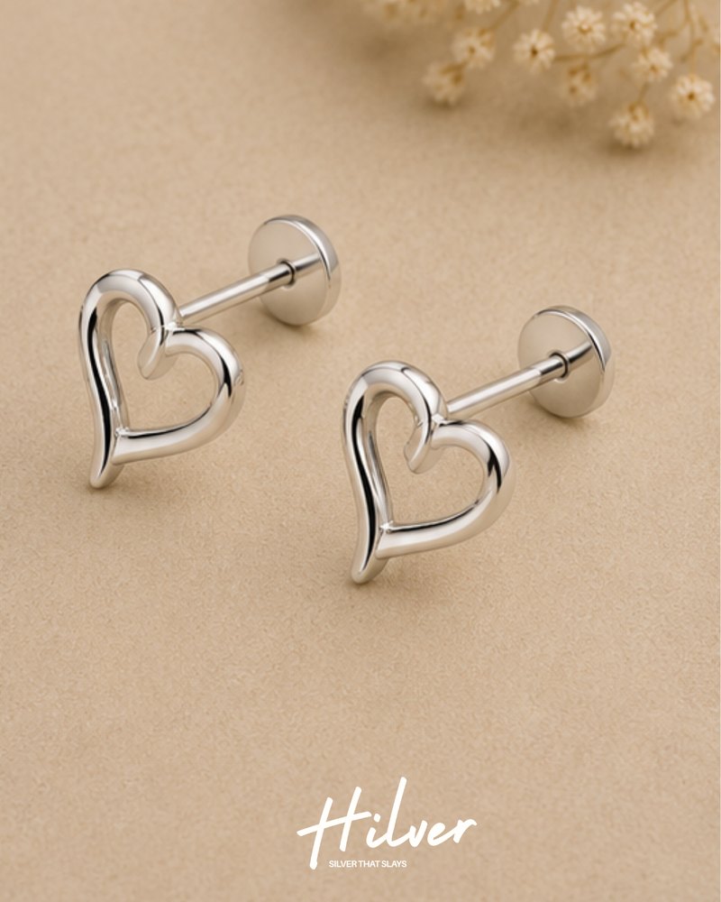 Silver Open Heart Contour Stud Earrings, view 2
