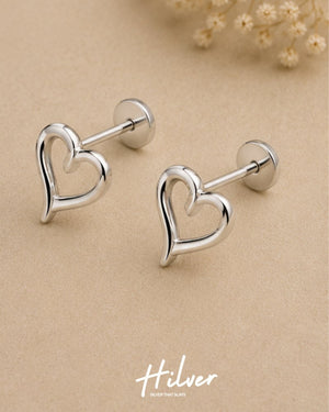 Silver Open Heart Contour Stud Earrings, view 2