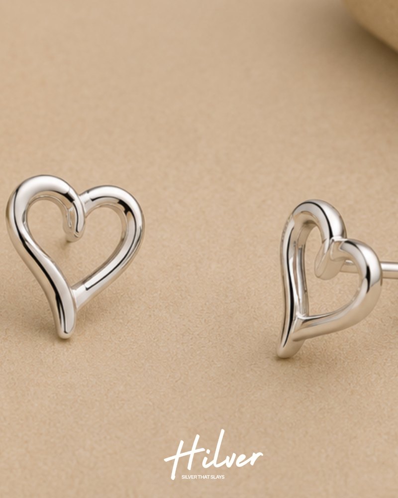 Silver Open Heart Contour Stud Earrings, view 3