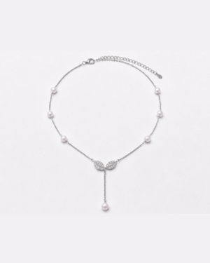 Hilver Sterling Silver CZ Leaf Motif Freshwater Pearl Lariat Necklace, view 1