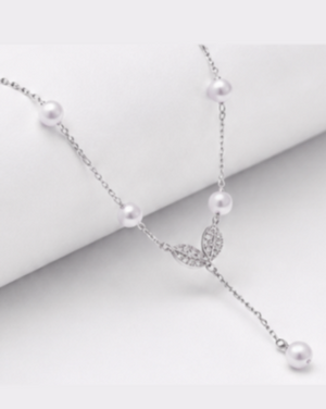 Hilver Sterling Silver CZ Leaf Motif Freshwater Pearl Lariat Necklace, view 2