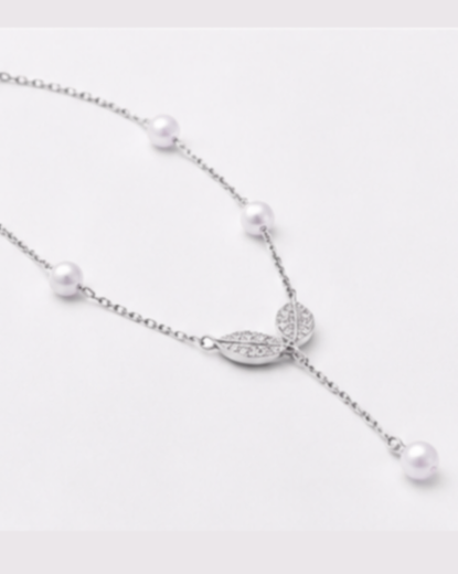 Hilver Sterling Silver CZ Leaf Motif Freshwater Pearl Lariat Necklace, view 3