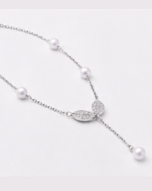 Hilver Sterling Silver CZ Leaf Motif Freshwater Pearl Lariat Necklace, view 3