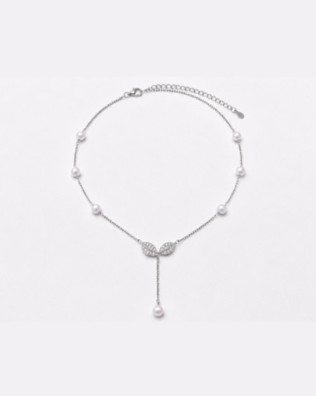 Hilver Sterling Silver CZ Leaf Motif Freshwater Pearl Lariat Necklace