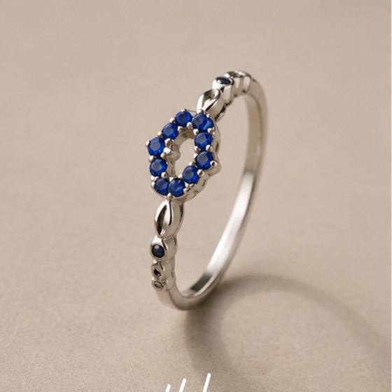 Silver Blue CZ Heart Cluster Beaded Band Ring
