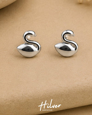 Silver Curved Swan Silhouette Stud Earrings, view 1