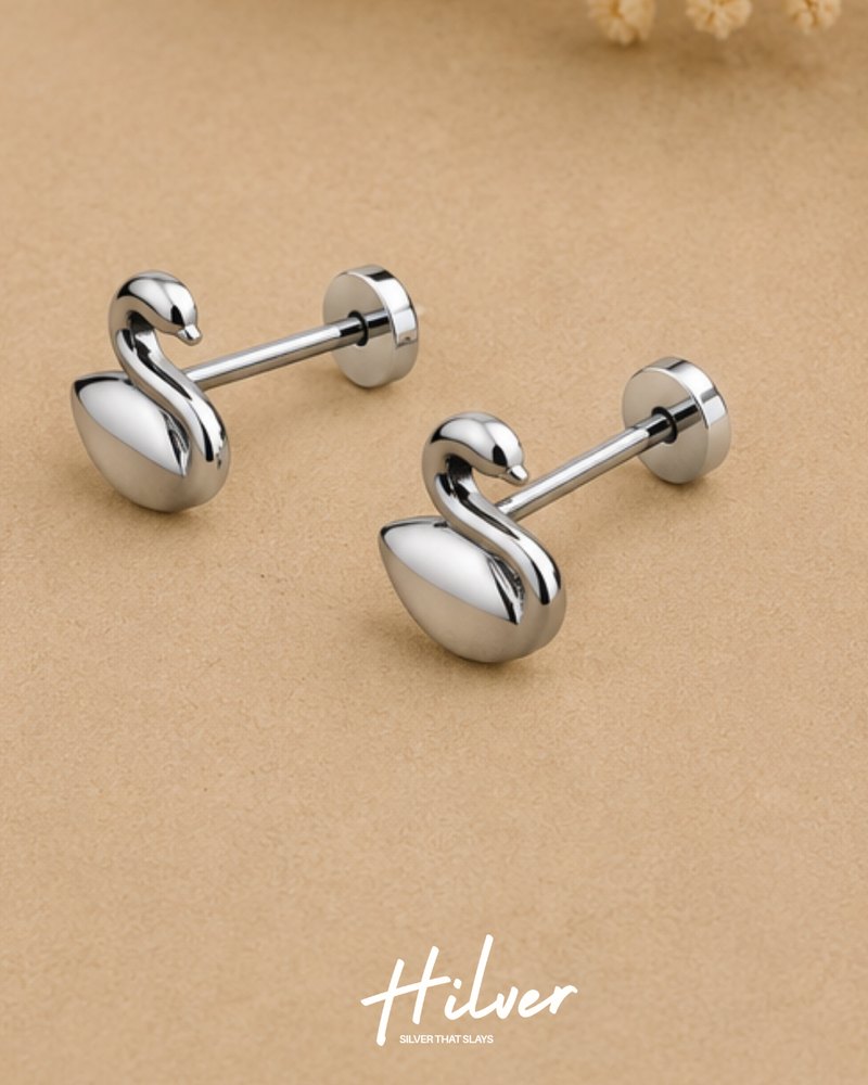 Silver Curved Swan Silhouette Stud Earrings, view 2