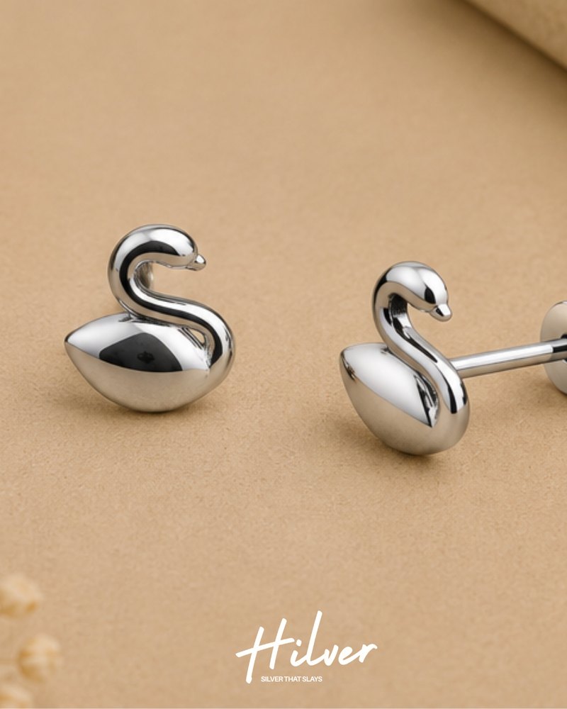Silver Curved Swan Silhouette Stud Earrings, view 3