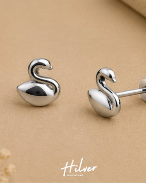 Silver Curved Swan Silhouette Stud Earrings, view 3