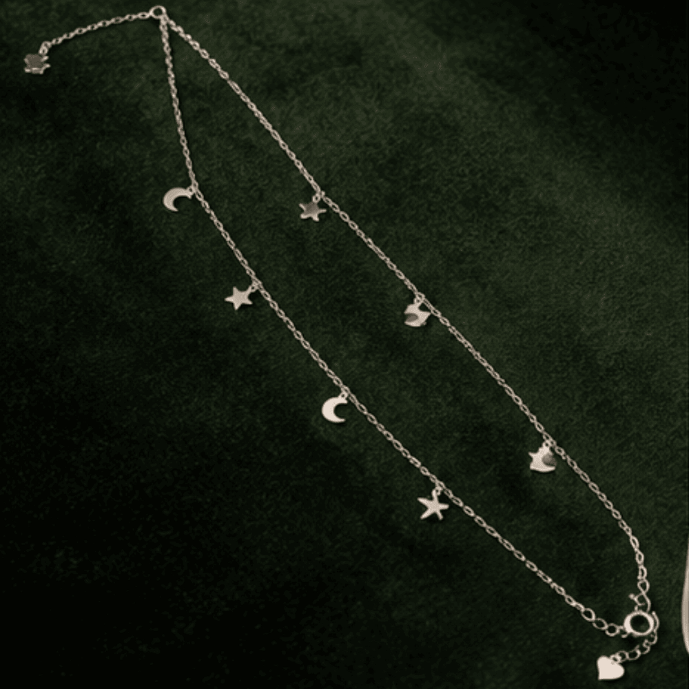 Hilver Sterling Silver Celestial Crescent Moon and Star Anklet, view 1