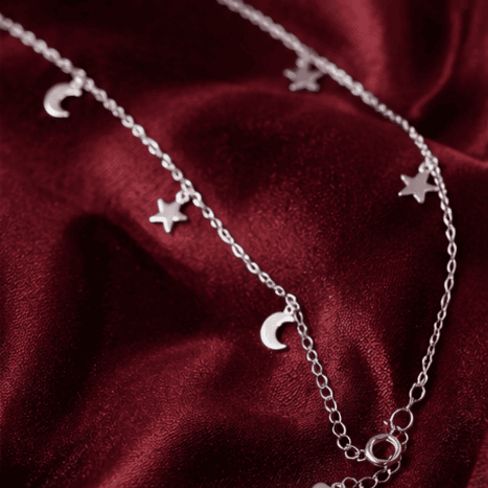 Hilver Sterling Silver Celestial Crescent Moon and Star Anklet, view 2