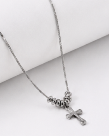 Hilver Sterling Silver Diamond Cut Bead Cross Pendant Necklace, view 2