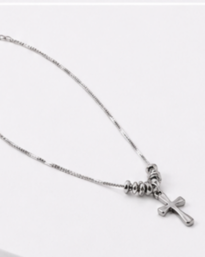Hilver Sterling Silver Diamond Cut Bead Cross Pendant Necklace, view 3