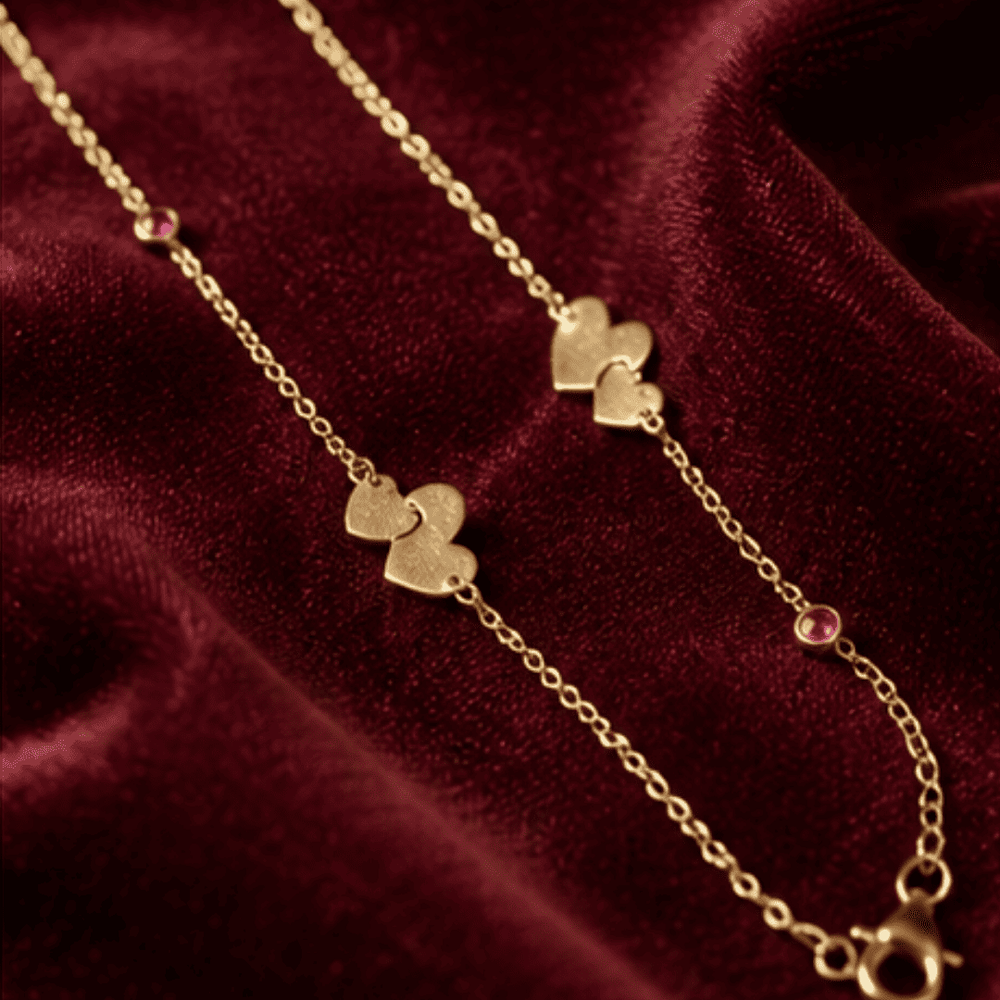 Hilver Gold Plated Double Heart and Ruby CZ Station Anklet, view 2