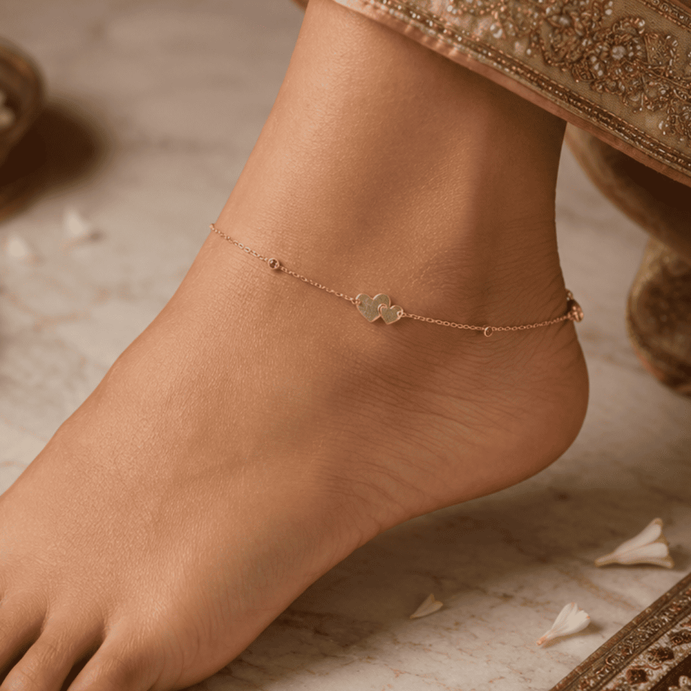 Hilver Gold Plated Double Heart and Ruby CZ Station Anklet, view 3