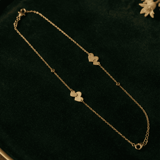 Hilver Gold Plated Double Heart and Ruby CZ Station Anklet