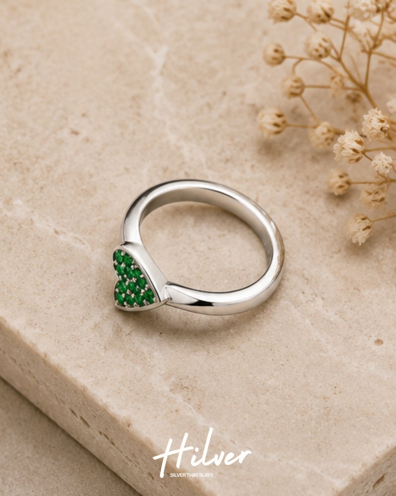 Silver Green CZ Pavé Teardrop Leaf Ring, view 2