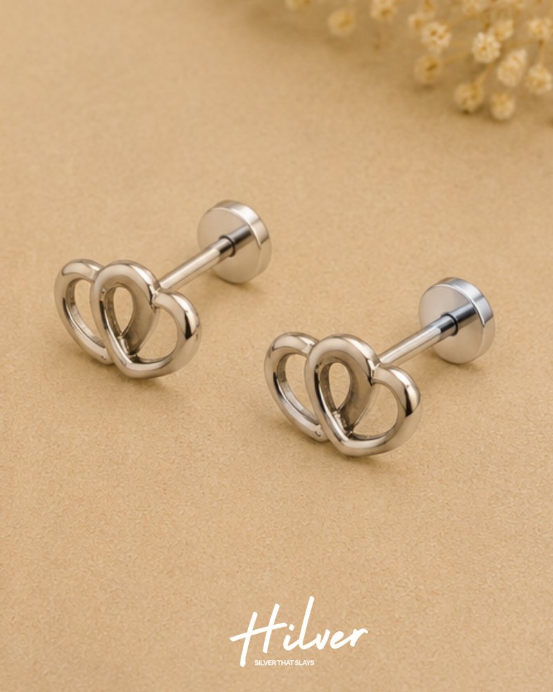 Silver Interlocking Double Heart Stud Earrings, view 2