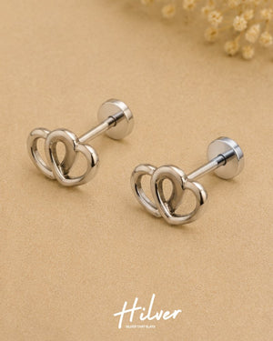 Silver Interlocking Double Heart Stud Earrings, view 2